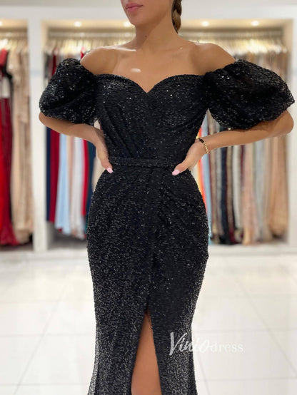 Black Mermaid Sequin Lace Prom Dress Off the Shoulder Evening Gown FD2733-prom dresses 2025 -Viniodress-Black-Custom Size-