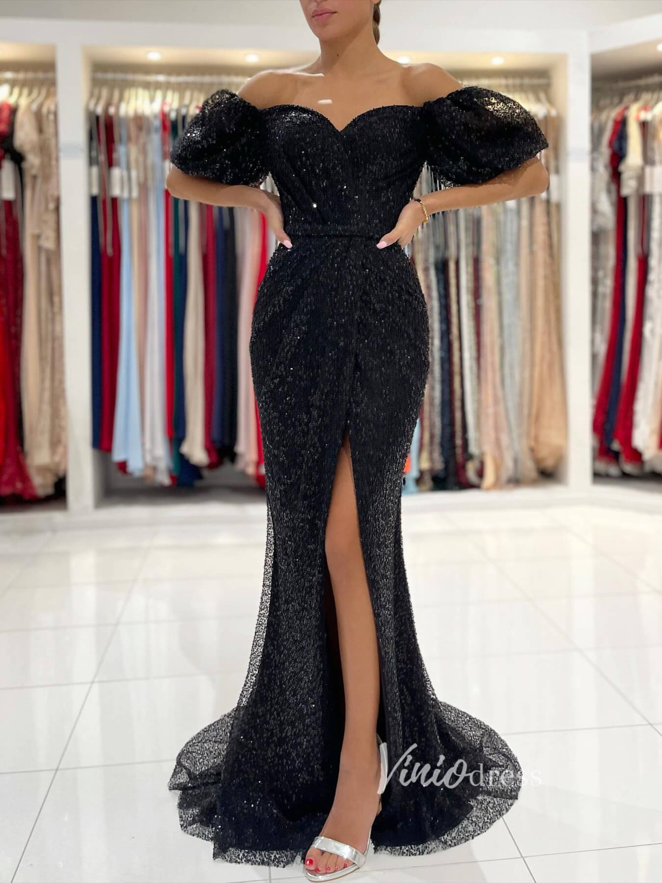 Black Mermaid Sequin Lace Prom Dress Off the Shoulder Evening Gown FD2733-prom dresses 2025 -Viniodress-Black-Custom Size-