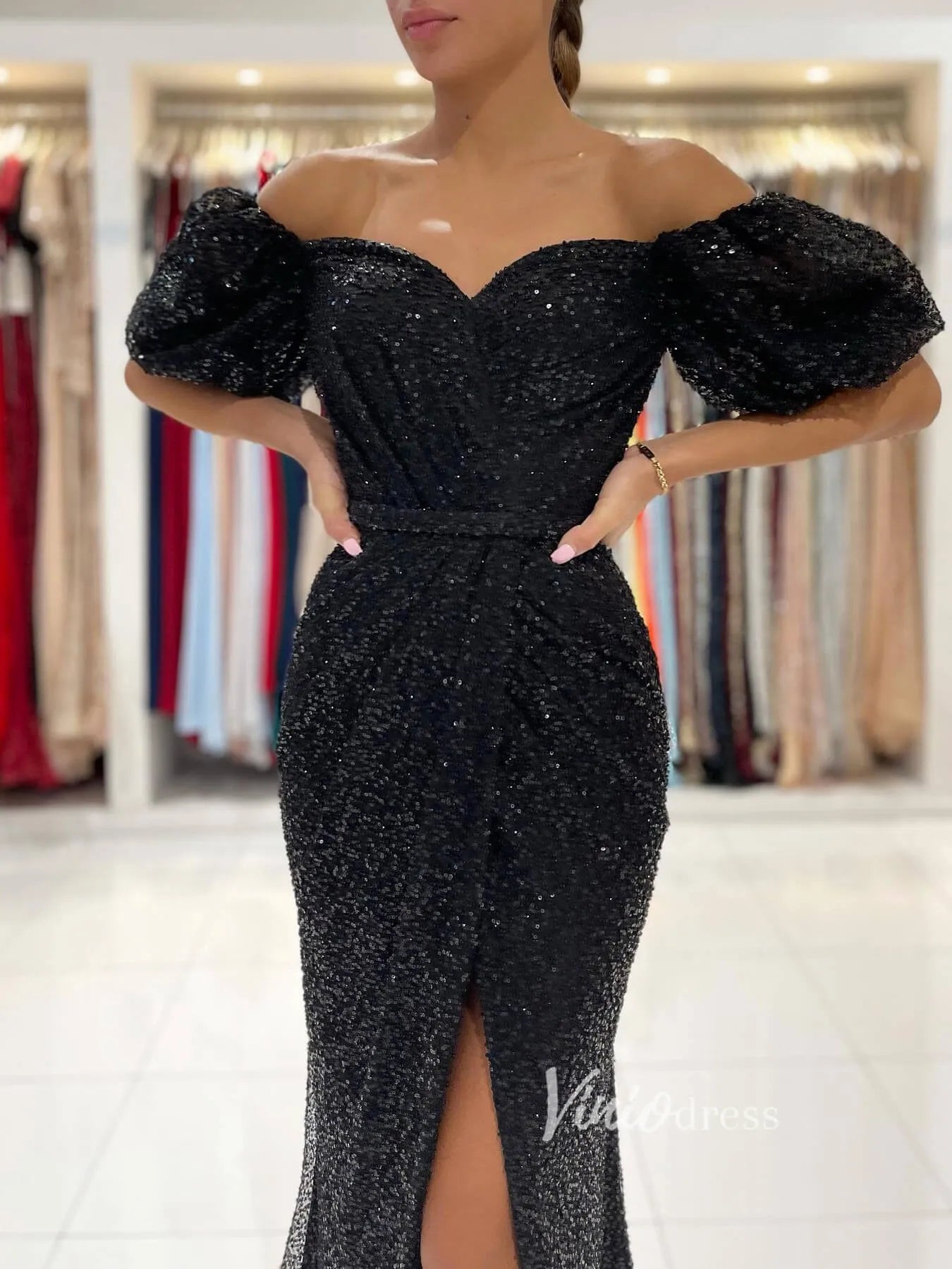 Black Mermaid Sequin Lace Prom Dress Off the Shoulder Evening Gown FD2733-prom dresses 2025 -Viniodress-Black-Custom Size-