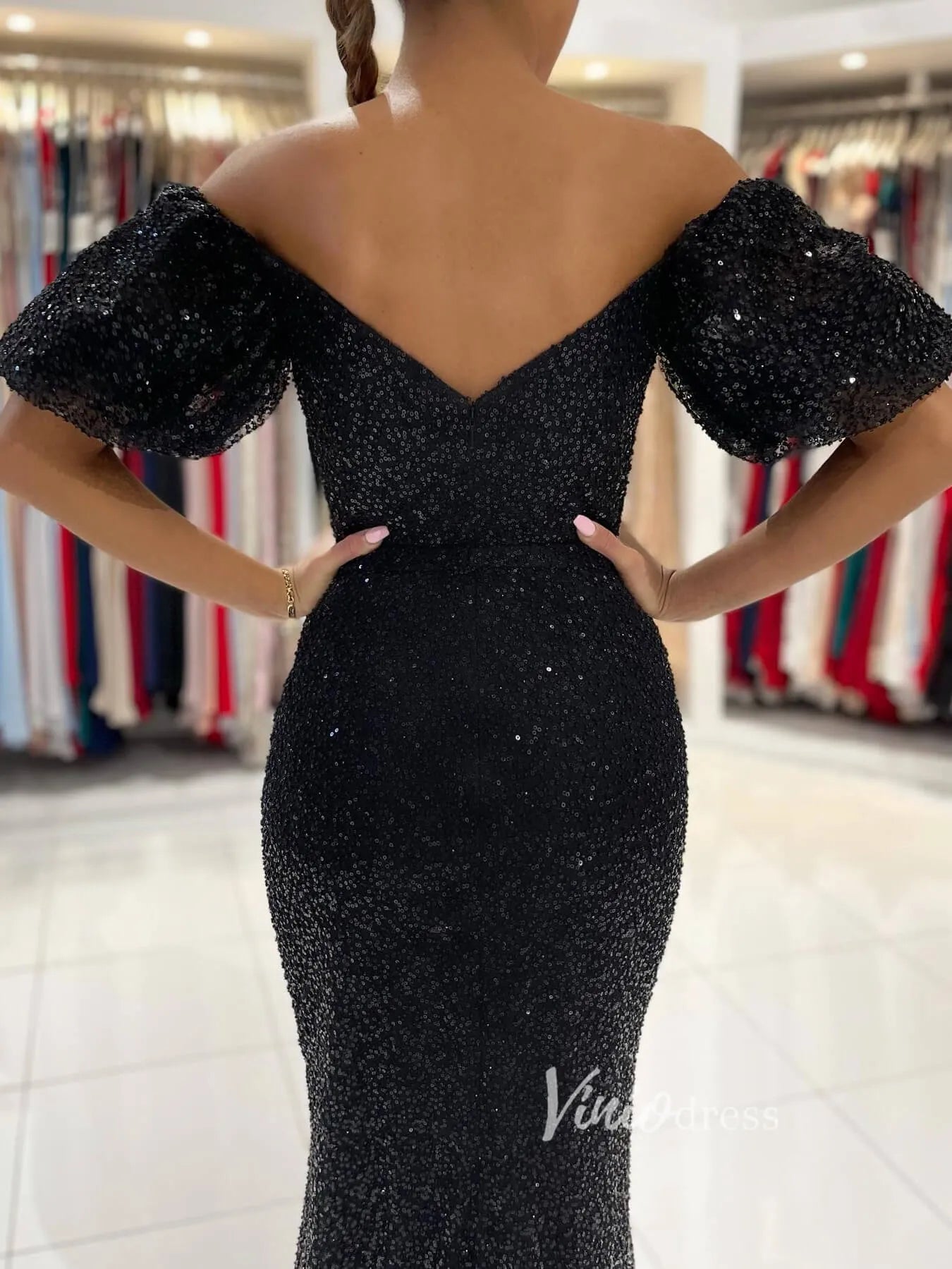 Black Mermaid Sequin Lace Prom Dress Off the Shoulder Evening Gown FD2733-prom dresses 2025 -Viniodress-Black-Custom Size-