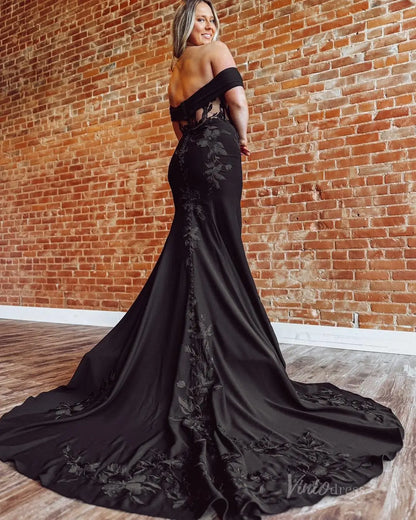 Black Mermaid Wedding Dress | Off-the-Shoulder Crepe Gown with Floral Appliqués BK105-wedding dresses 2025 -Viniodress-Black-Custom Size-