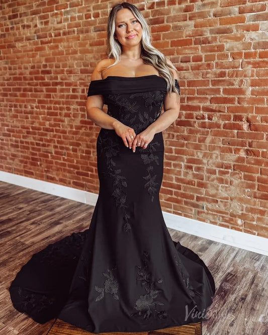 Black Mermaid Wedding Dress | Off-the-Shoulder Crepe Gown with Floral Appliqués BK105-wedding dresses 2025 -Viniodress-Black-Custom Size-