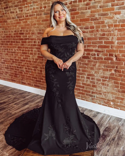 Black Mermaid Wedding Dress | Off-the-Shoulder Crepe Gown with Floral Appliqués BK105-wedding dresses 2025 -Viniodress-Black-Custom Size-
