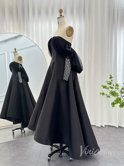 Black Off the Shoulder High Low Prom Dresses Beaded Long Sleeve Formal Dress AD1189-Evening Dresses 2025 -Viniodress-Black-US 2-