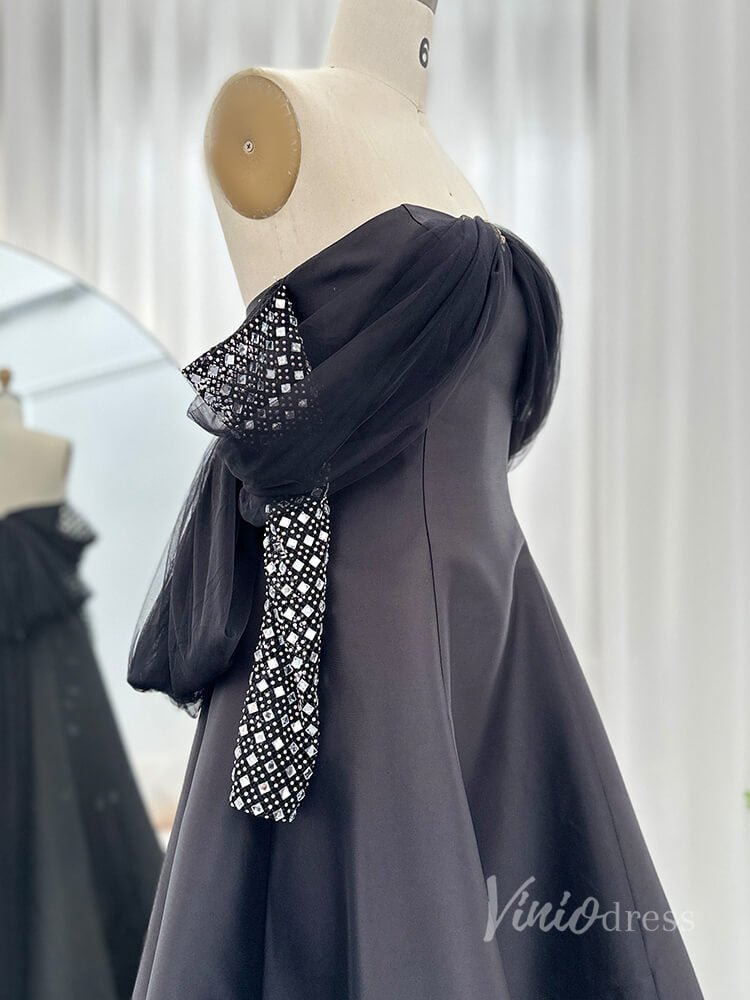 Black Off the Shoulder High Low Prom Dresses Beaded Long Sleeve Formal Dress AD1189-Evening Dresses 2025 -Viniodress-Black-US 2-