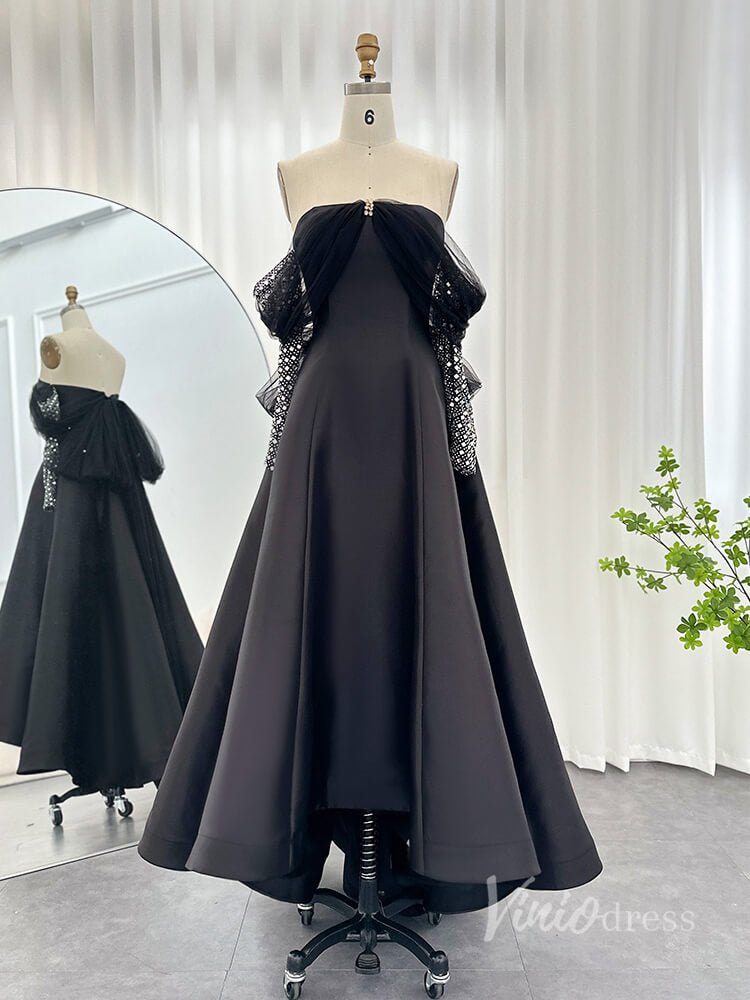Black Off the Shoulder High Low Prom Dresses Beaded Long Sleeve Formal Dress AD1189-Evening Dresses 2025 -Viniodress-Black-US 2-
