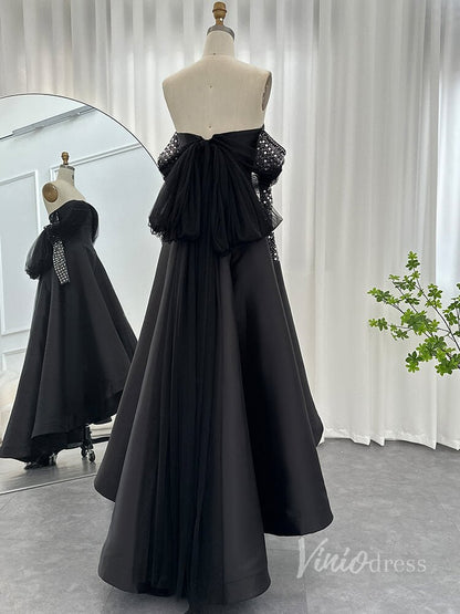 Black Off the Shoulder High Low Prom Dresses Beaded Long Sleeve Formal Dress AD1189-Evening Dresses 2025 -Viniodress-Black-US 2-