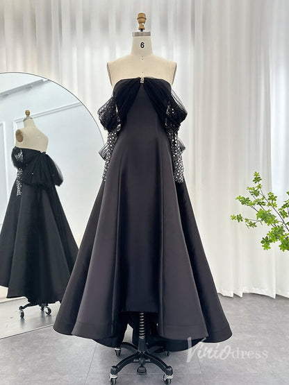 Black Off the Shoulder High Low Prom Dresses Beaded Long Sleeve Formal Dress AD1189-Evening Dresses 2025 -Viniodress-Black-US 2-
