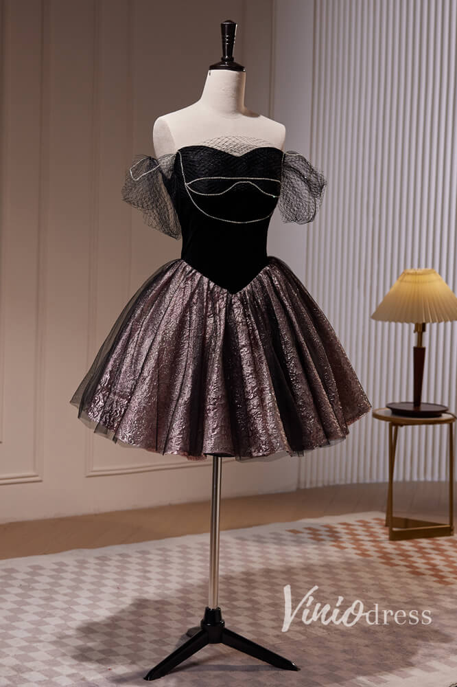 Black Off the Shoulder Homecoming Dresses Velvet Graduation Dress SD1619-prom dresses 2025 -Viniodress-Black-Custom Size-