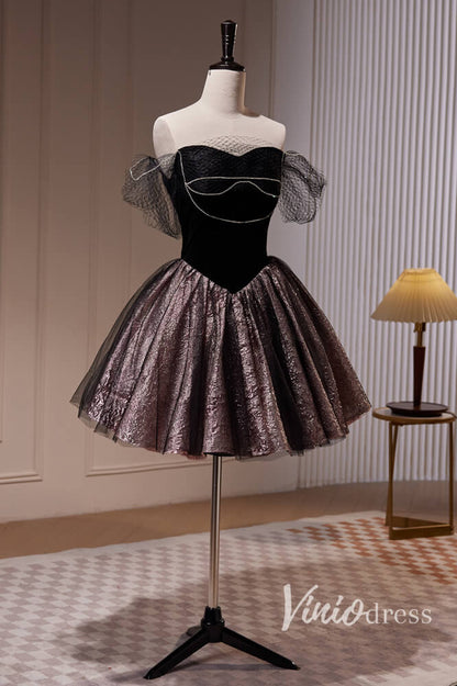 Black Off the Shoulder Homecoming Dresses Velvet Graduation Dress SD1619-prom dresses 2025 -Viniodress-Black-Custom Size-