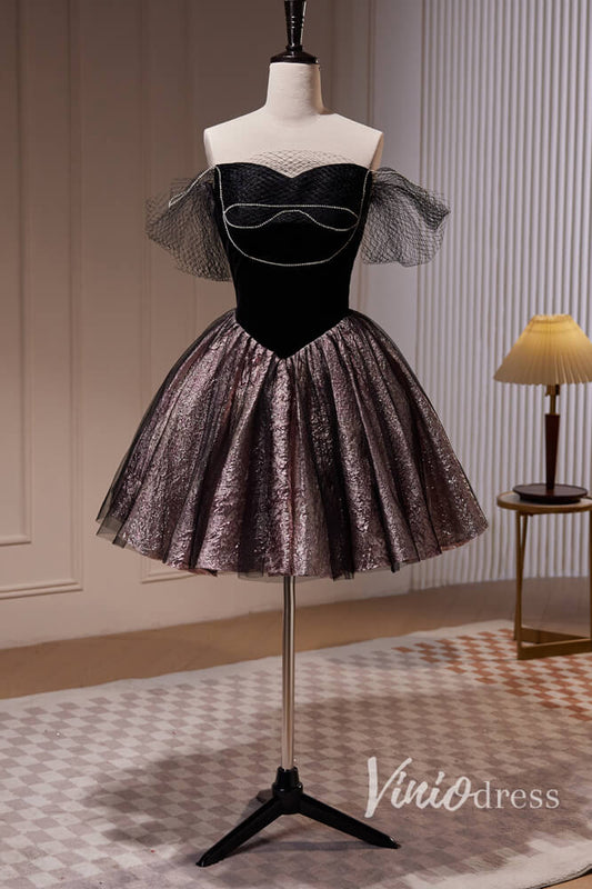 Black Off the Shoulder Homecoming Dresses Velvet Graduation Dress SD1619-prom dresses 2025 -Viniodress-Black-Custom Size-