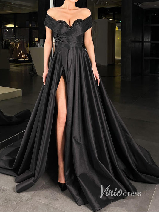 Black Off the Shoulder Prom Dresses With Slit Pleated Evening Dress FD2947-prom dresses 2025 -Viniodress-Black-Custom Size-