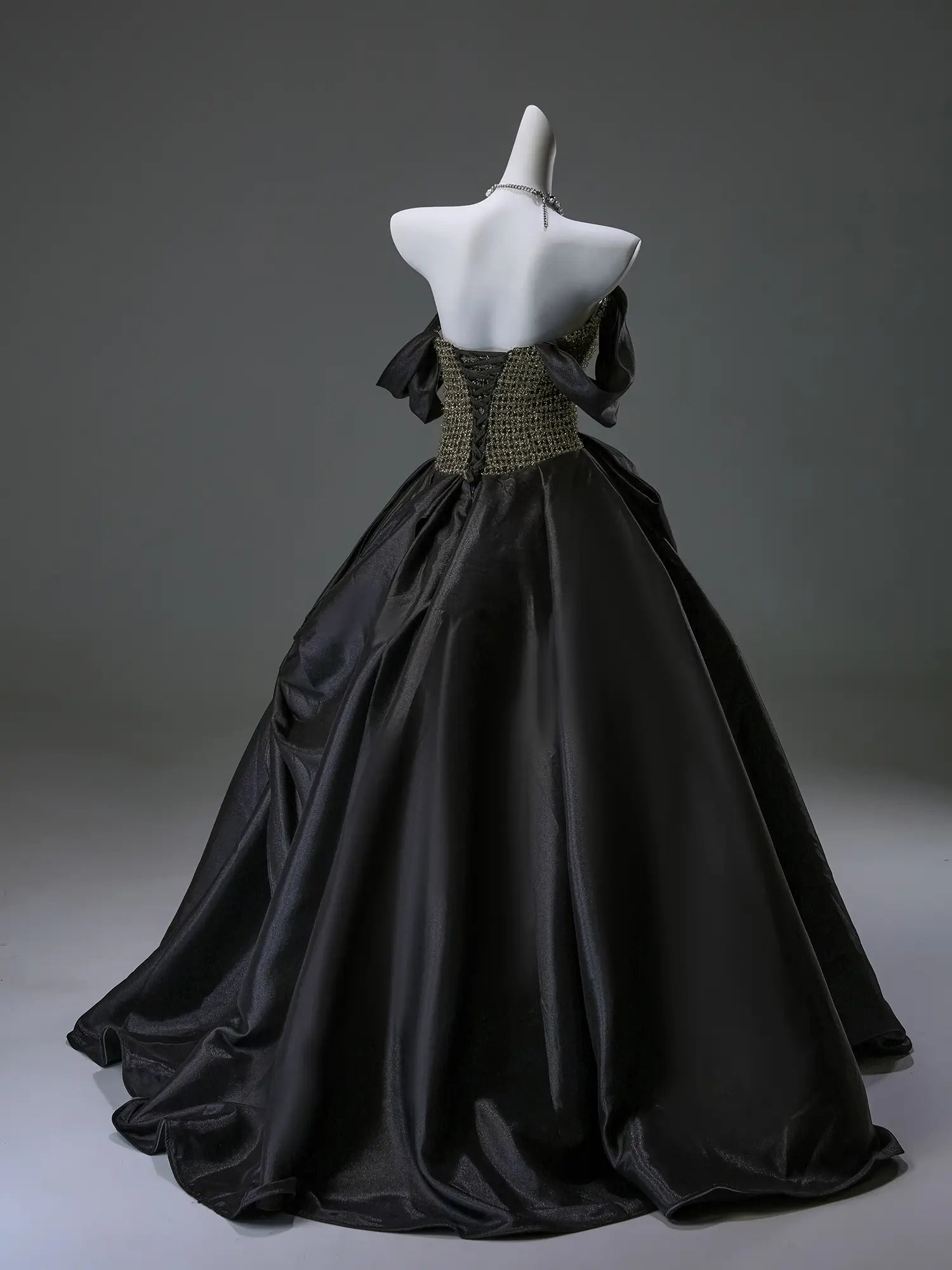 Black Off the Shoulder Satin Formal Gown with Bow-Tie Waist & Sparkly Bodice - CQ0135-Couture Gown 2025 -Viniodress-Black-Custom Size-