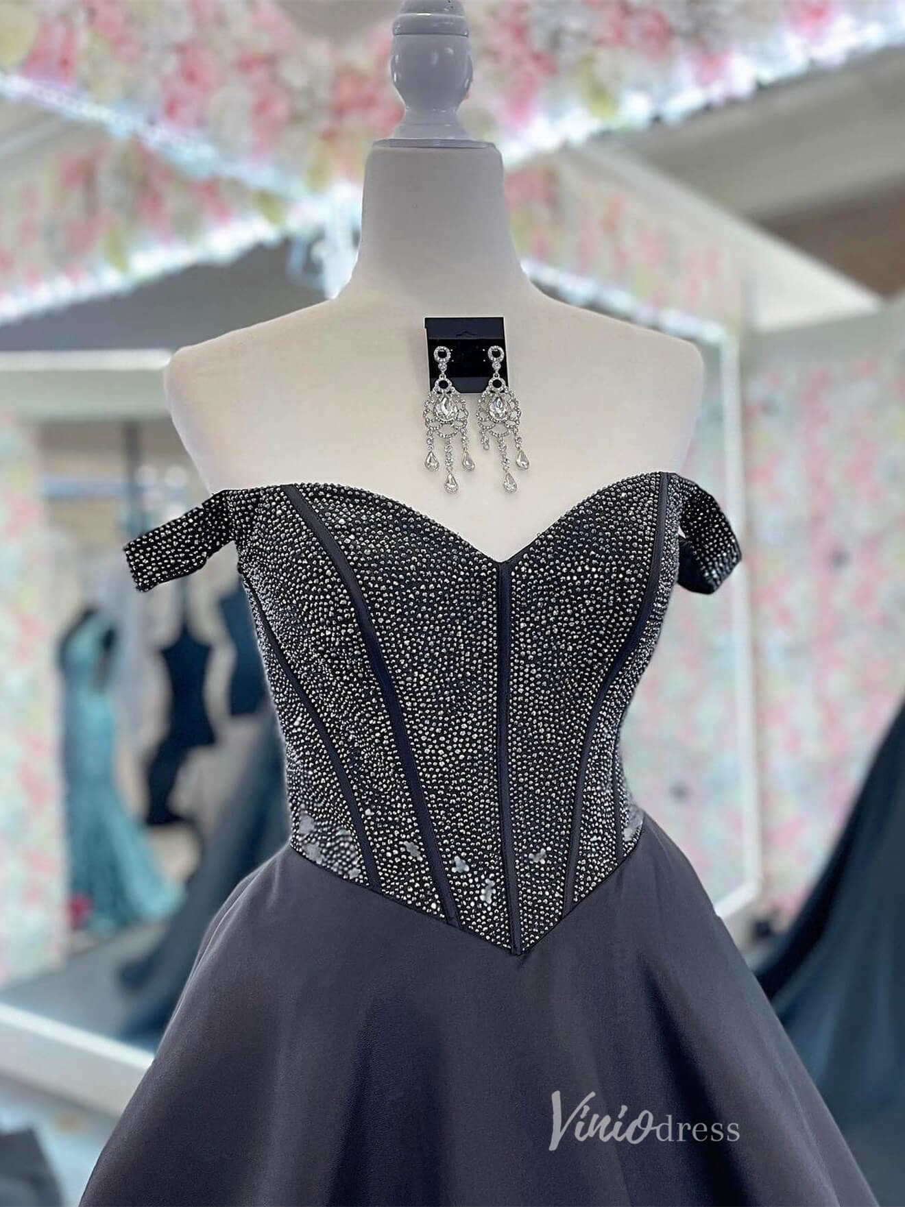 Black Off the Shoulder Satin Prom Dresses Beaded Boned Bodice FD4022-prom dresses 2025 -Viniodress-Black-Custom Size-