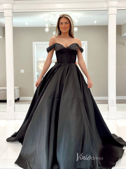 Black Off the Shoulder Satin Prom Dresses Boned Bodice Beaded Neckline FD3974-prom dresses 2025 -Viniodress-Black-Custom Size-