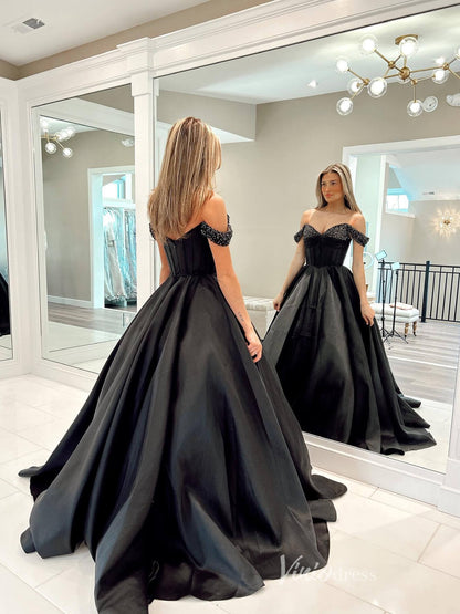 Black Off the Shoulder Satin Prom Dresses Boned Bodice Beaded Neckline FD3974-prom dresses 2025 -Viniodress-Black-Custom Size-