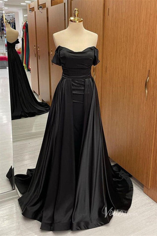 Black Off the Shoulder Satin Prom Dresses Overskirt Cowl Neck FD3982-prom dresses 2025 -Viniodress-Black-Custom Size-