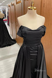 Black Off the Shoulder Satin Prom Dresses Overskirt Cowl Neck FD3982-prom dresses-Viniodress-Viniodress