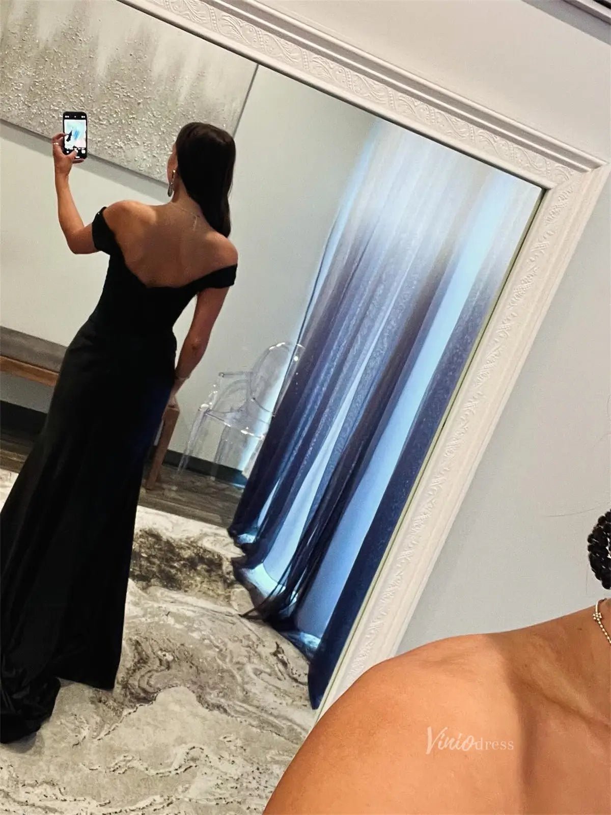 Black Off the Shoulder Satin Prom Dresses with Slit & Boned Boidce - FD6008-prom dresses 2025 -Viniodress-Black-Custom Size-