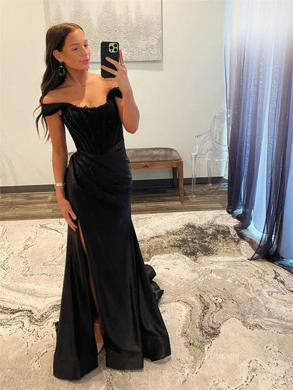 Black Off the Shoulder Satin Prom Dresses with Slit & Boned Boidce - FD6008-prom dresses 2025 -Viniodress-Black-Custom Size-