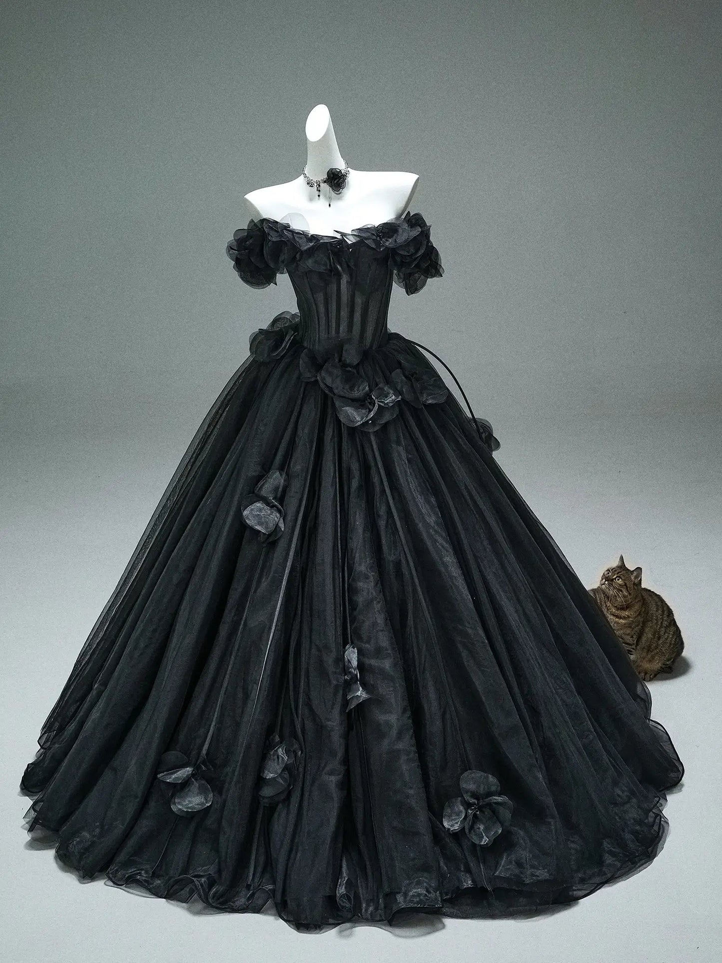 Black Off the Shoulder Tulle Formal Gown with 3D Flowers & Sheer Boned Bodice - CQ0110-Couture Gown 2025 -Viniodress-Black-Custom Size-