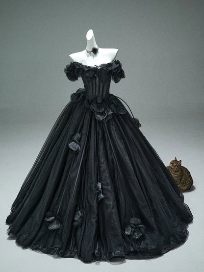 Black Off the Shoulder Tulle Formal Gown with 3D Flowers & Sheer Boned Bodice - CQ0110-Couture Gown 2025 -Viniodress-Black-Custom Size-
