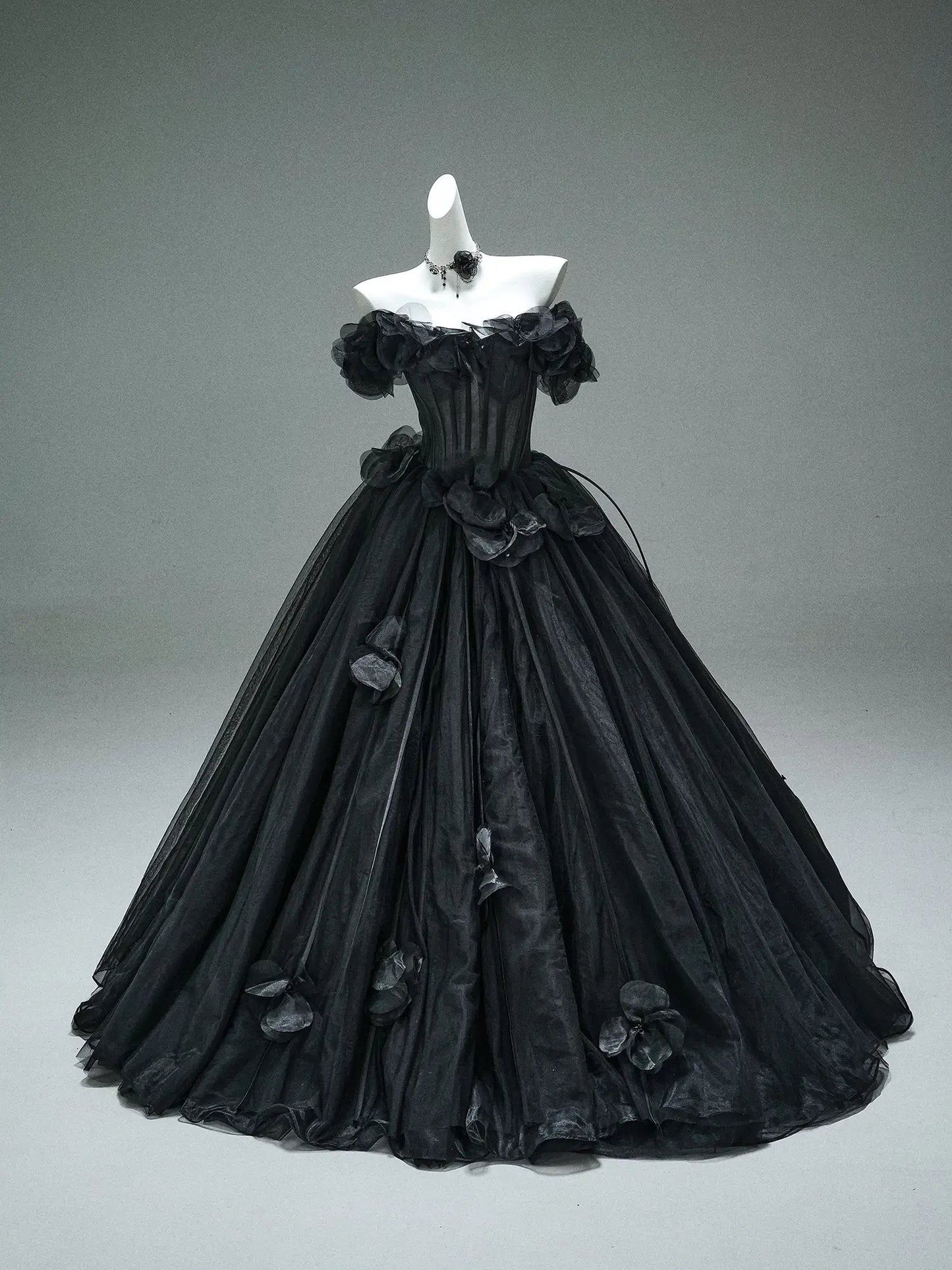 Black Off the Shoulder Tulle Formal Gown with 3D Flowers & Sheer Boned Bodice - CQ0110-Couture Gown 2025 -Viniodress-Black-Custom Size-