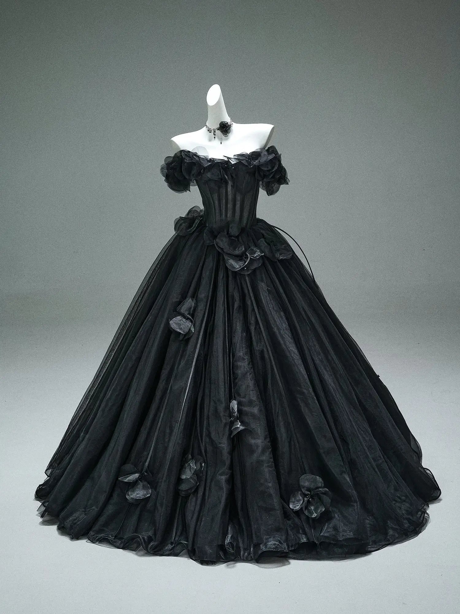Black Off the Shoulder Tulle Formal Gown with 3D Flowers & Sheer Boned Bodice - CQ0110-Couture Gown 2025 -Viniodress-Black-Custom Size-