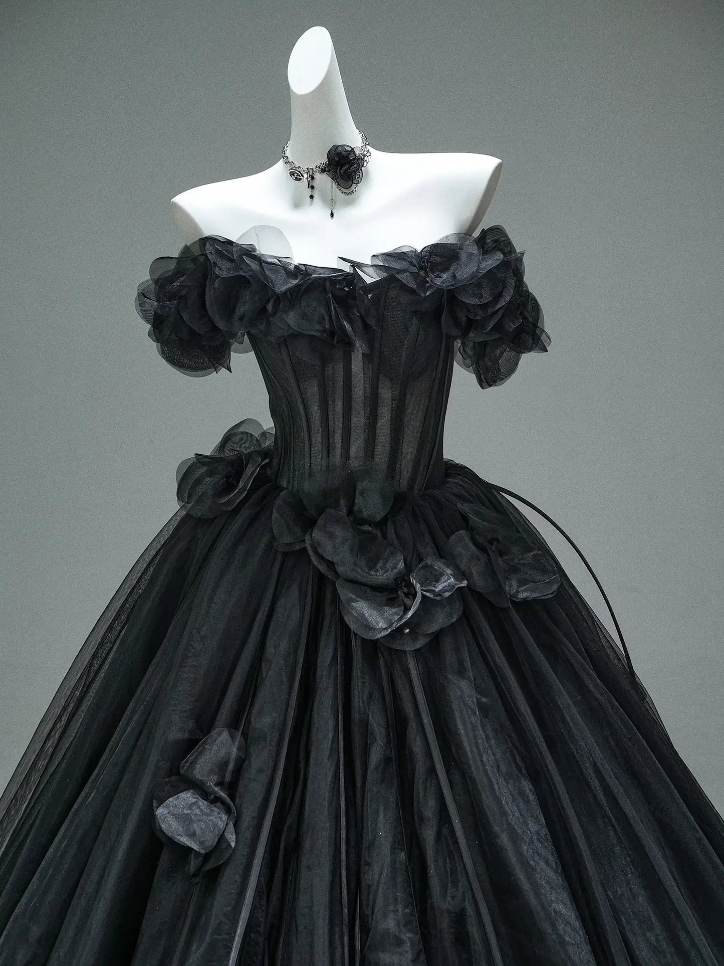 Black Off the Shoulder Tulle Formal Gown with 3D Flowers & Sheer Boned Bodice - CQ0110 - ViniodressCouture GownBlackCustom Size - Formal Dresses - Ball Gowns