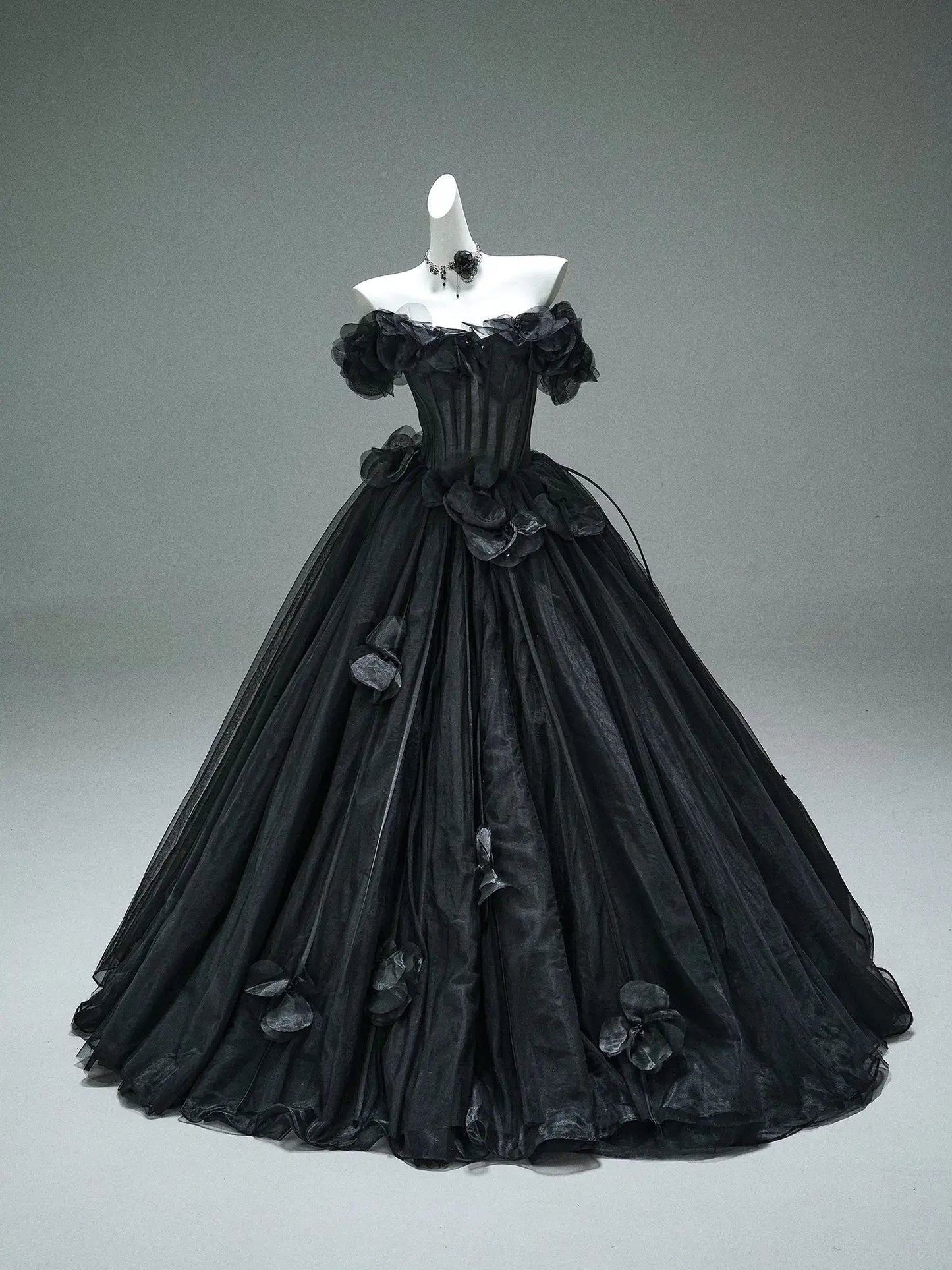 Black Off the Shoulder Tulle Formal Gown with 3D Flowers & Sheer Boned Bodice - CQ0110 - ViniodressCouture GownBlackCustom Size - Formal Dresses - Ball Gowns