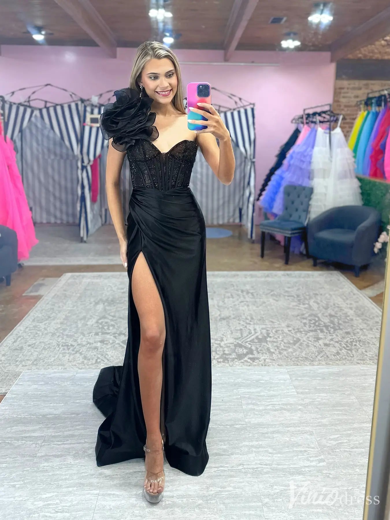Black One-Shoulder Satin Prom Dress with Slit and Oversized Flower – FD6153-prom dresses 2025 -Viniodress-Black-Custom Size-