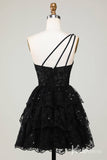 Black One Shoulder Tiered Homecoming Dresses Sparkly Lace Applique Graduation Dress S24079-Homecoming Dresses-Viniodress-Viniodress