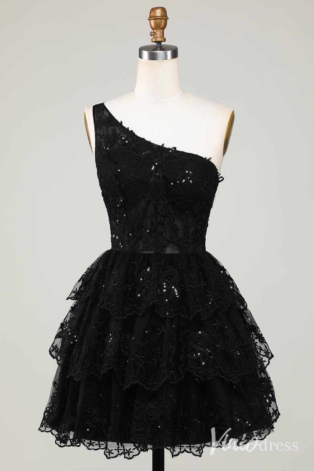 Black One Shoulder Tiered Homecoming Dresses Sparkly Lace Applique Graduation Dress S24079 - ViniodressHomecoming DressesBlackCustom Size - Formal Dresses - Ball Gowns