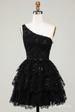 Black One Shoulder Tiered Homecoming Dresses Sparkly Lace Applique Graduation Dress S24079-Homecoming Dresses-Viniodress-Black-Custom Size-Viniodress