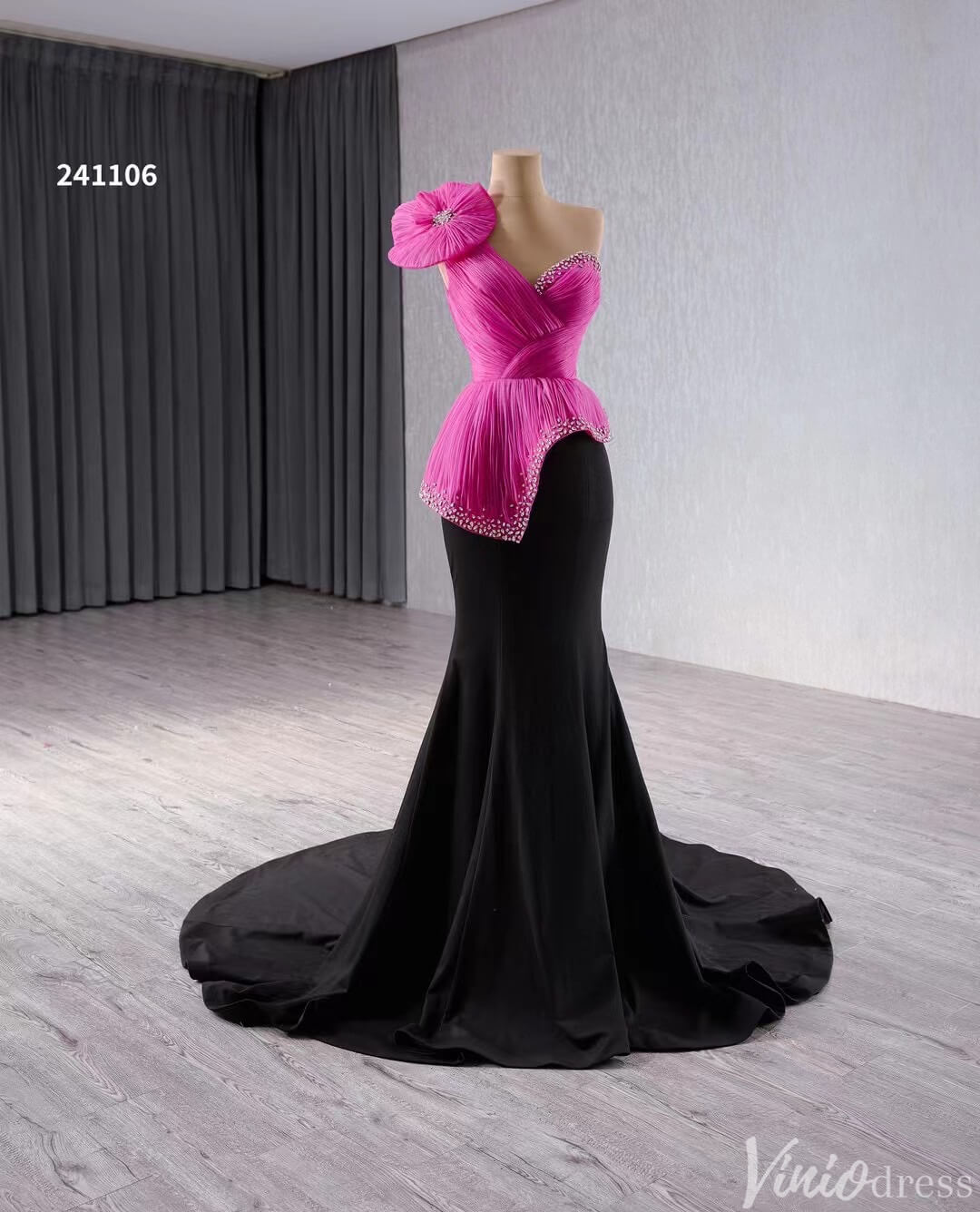 Black Pink Mermaid Prom Dresses One Shoulder Pageant Gown 241106-Prom Dresses 2025 -Viniodress-Black-Custom Size-