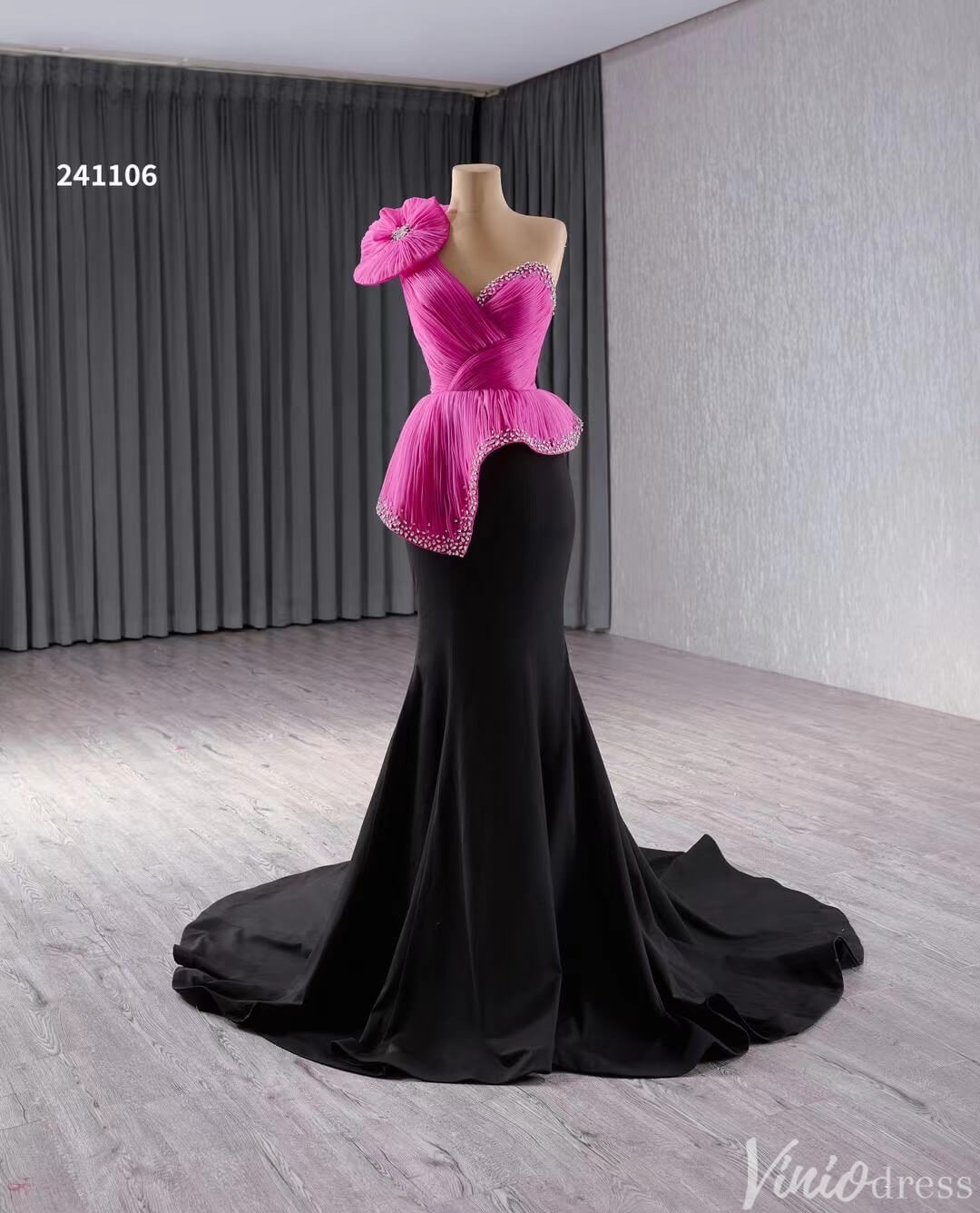 Black Pink Mermaid Prom Dresses One Shoulder Pageant Gown 241106-Prom Dresses 2025 -Viniodress-Black-Custom Size-