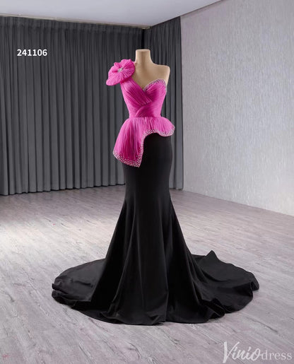 Black Pink Mermaid Prom Dresses One Shoulder Pageant Gown 241106-Prom Dresses 2025 -Viniodress-Black-Custom Size-