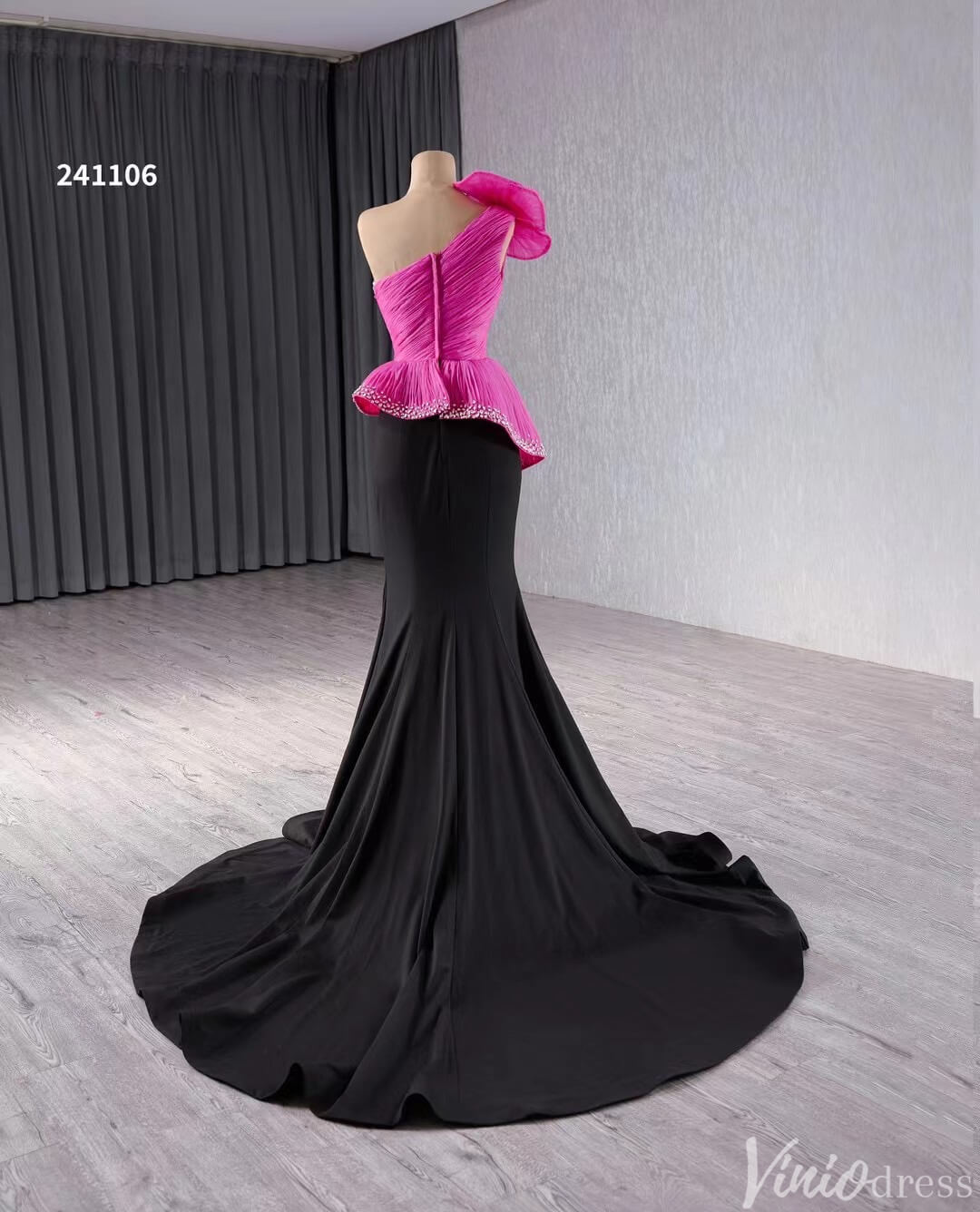 Black Pink Mermaid Prom Dresses One Shoulder Pageant Gown 241106-Prom Dresses-Viniodress-Viniodress