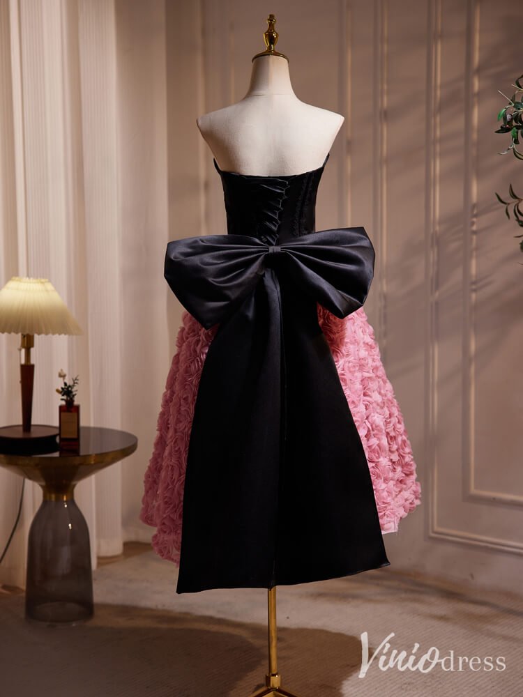 Black Pink Rosette Homecoming Dresses Strapless Bow Tie Tea Length Dress BJ038-prom dresses 2025 -Viniodress-Pink-Custom Size-