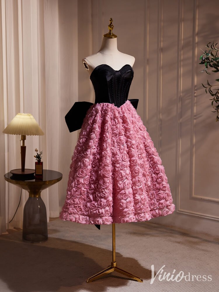 Black Pink Rosette Homecoming Dresses Strapless Bow Tie Tea Length Dress BJ038-prom dresses 2025 -Viniodress-Pink-Custom Size-