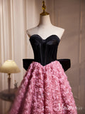 Black Pink Rosette Homecoming Dresses Strapless Bow Tie Tea Length Dress BJ038-prom dresses-Viniodress-Viniodress