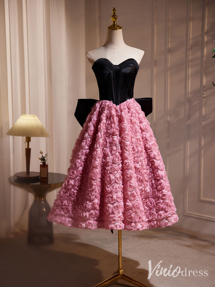 Black Pink Rosette Homecoming Dresses Strapless Bow Tie Tea Length Dress BJ038-prom dresses-Viniodress-Pink-Custom Size-Viniodress