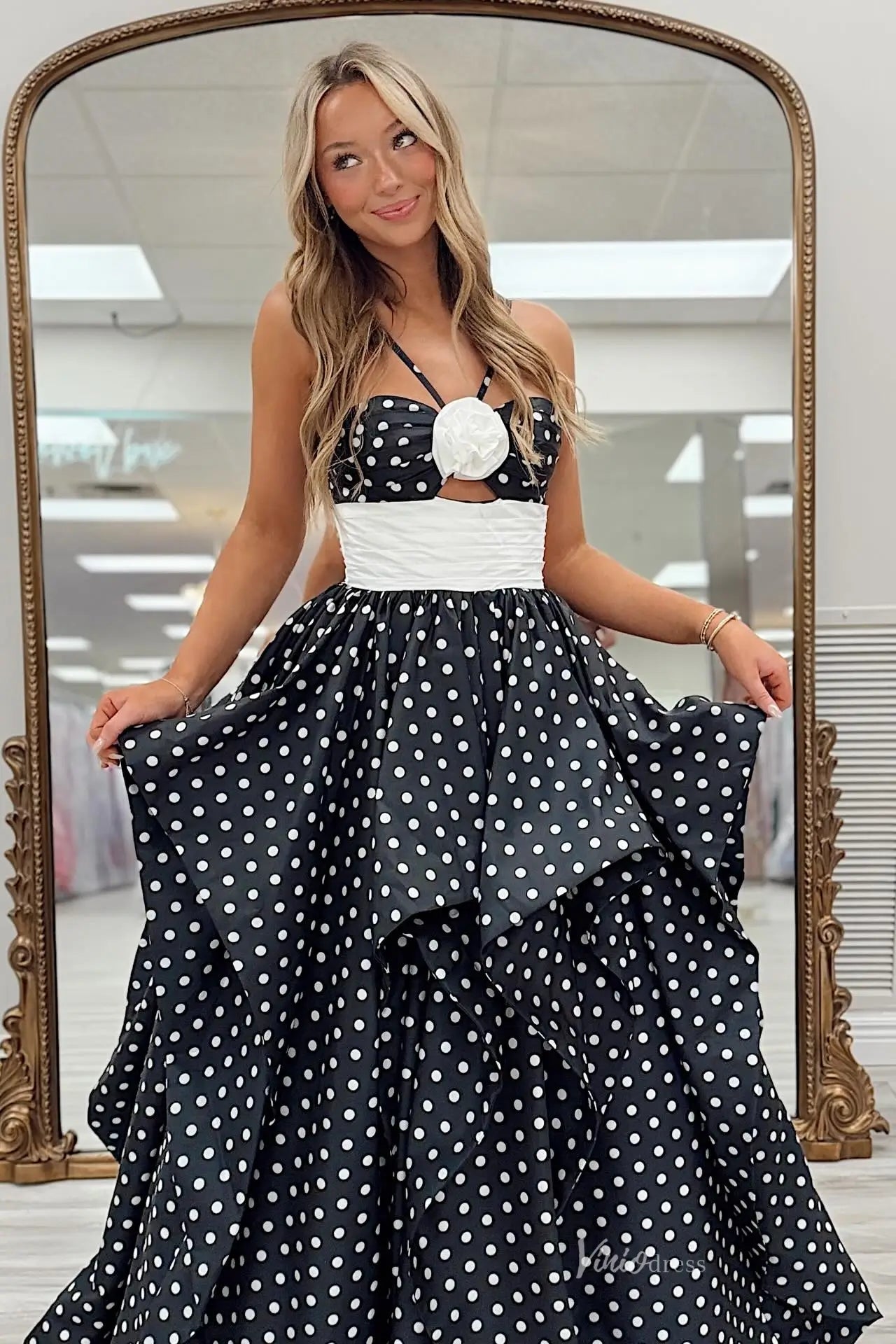 Polka Dot Tiered Ruffle Ball Gown Prom Dress with 3D Rosette LY005 Viniodress Polka Dot Tiered Ruffle Ball Gown Prom Dress with 3D Rosette LY005 Viniodress