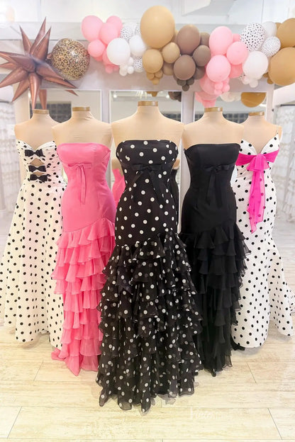 Black Polka Dot Strapless Prom Dress with Satin Bow, Tiered Ruffle Hem & High Slit – RF051-prom dresses 2026-Viniodress-Black-Custom Size-