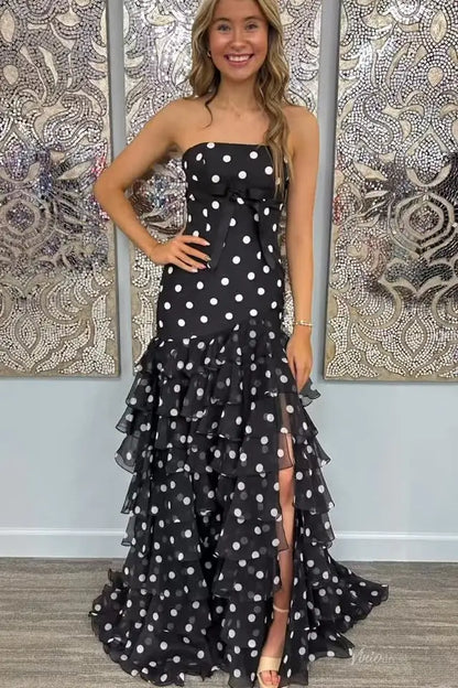 Black Polka Dot Strapless Prom Dress with Satin Bow, Tiered Ruffle Hem & High Slit – RF051-prom dresses 2026-Viniodress-Black-Custom Size – Add Measurements in Cart-
