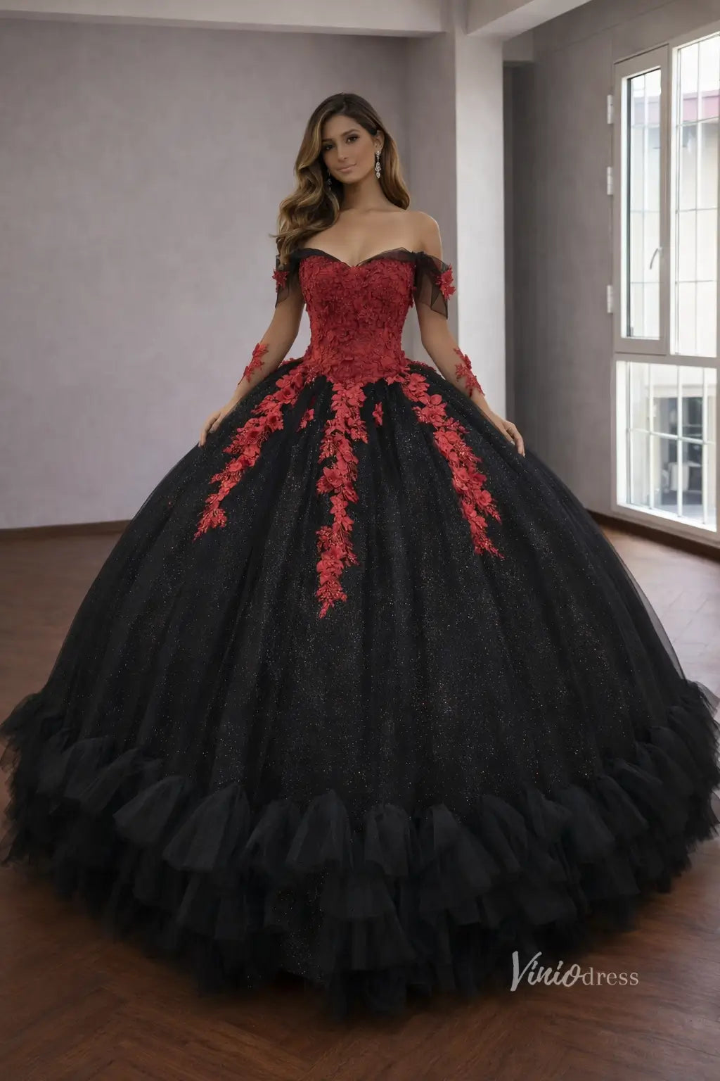 Black & Red Quinceañera Dress with Sheer Long Sleeves, 3D Floral Bodice & Ruffle Hem – QC013-Quinceanera Dresses 2026-Viniodress-Black-Custom Size – Add Measurements in Cart-