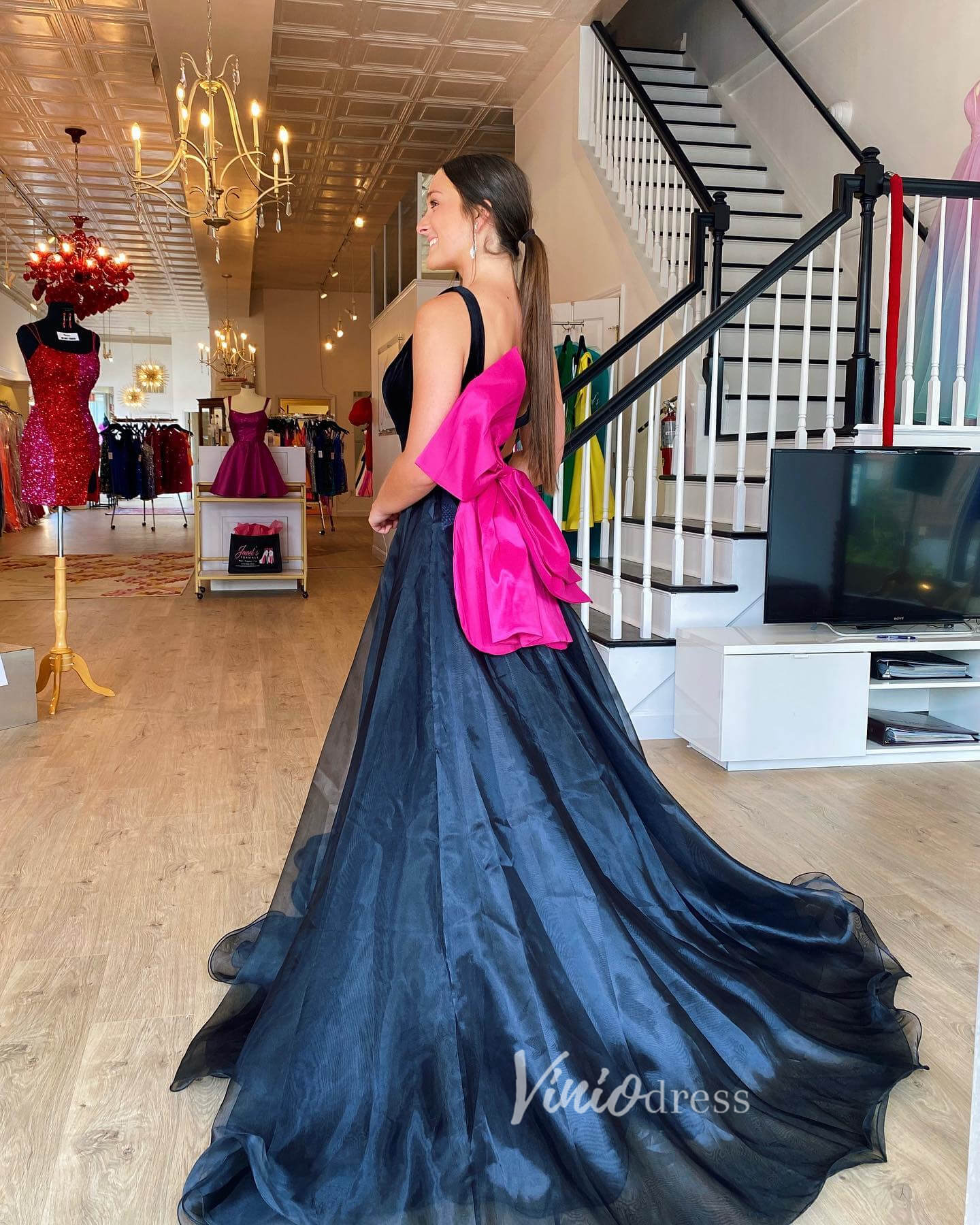 Black Removable Train Prom Dresses V-Neck Homecoming Dress FD3132-prom dresses 2025 -Viniodress-Black-Custom Size-