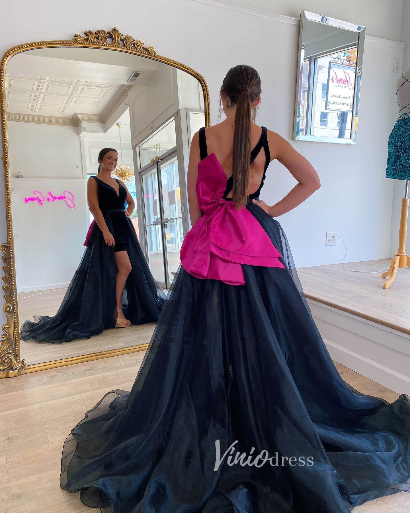 Black Removable Train Prom Dresses V-Neck Homecoming Dress FD3132-prom dresses 2025 -Viniodress-Black-Custom Size-