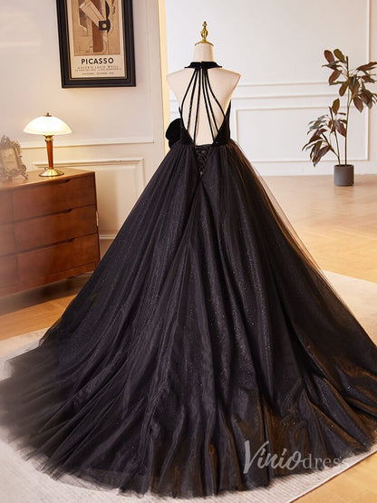 Black Rosette Sparkly Tulle Prom Dresses Halter Neck Velvet Bodice 90029-prom dresses 2025 -Viniodress-Black-Custom Size-