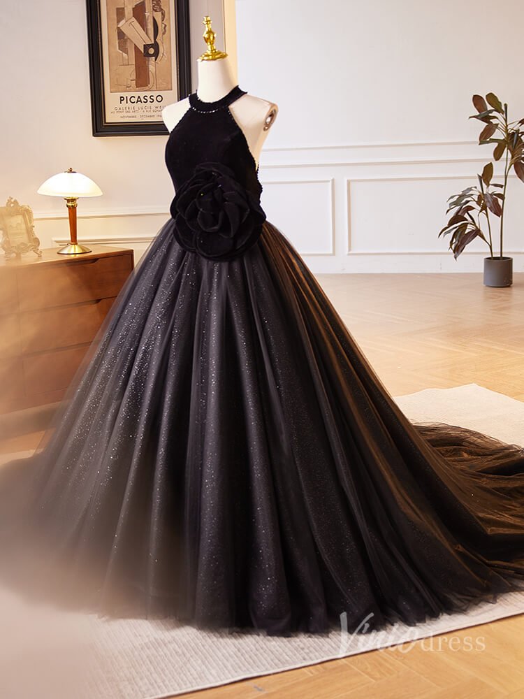 Black Rosette Sparkly Tulle Prom Dresses Halter Neck Velvet Bodice 90029-prom dresses 2025 -Viniodress-Black-Custom Size-